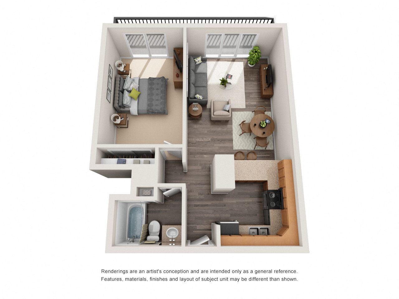 Floor plan for 1 bed, 1 bath, 668 sqft